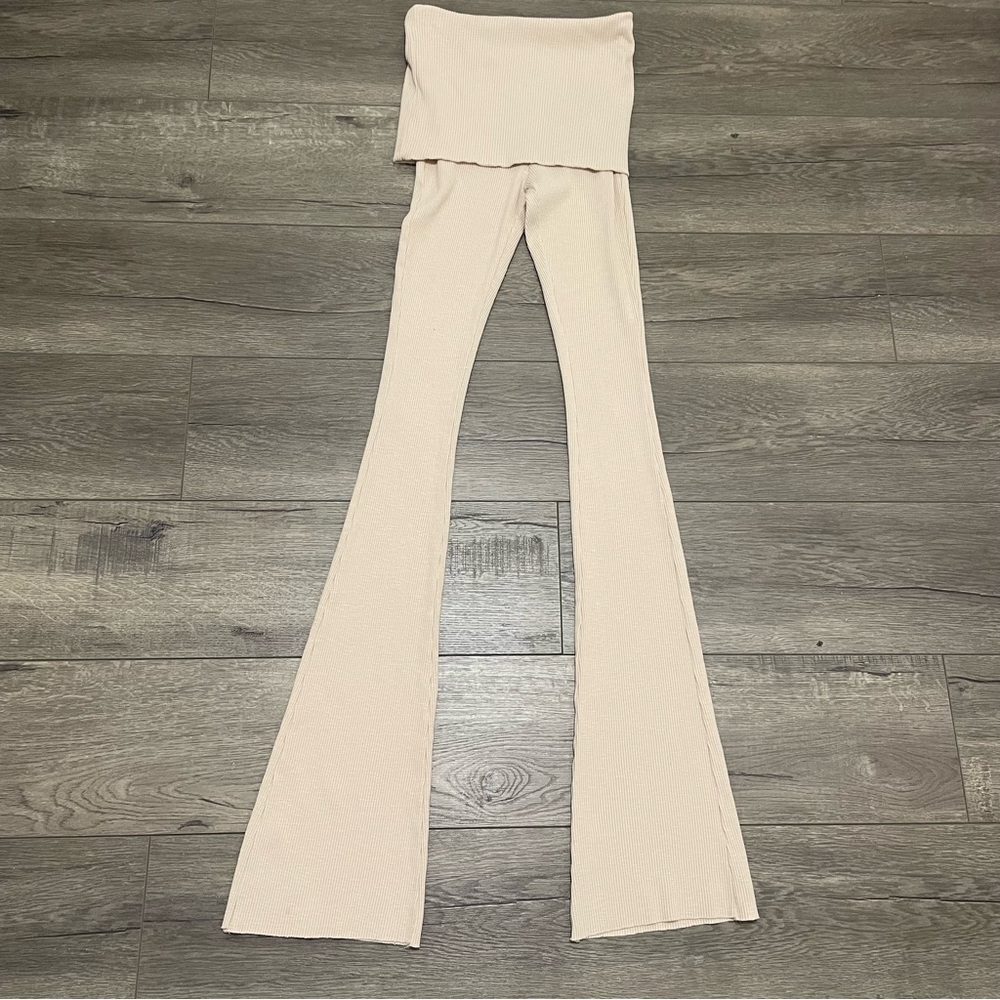 Zara Women's Faded Effect Ribbed Beige Trousers High Waisted Flare Sz S NWT